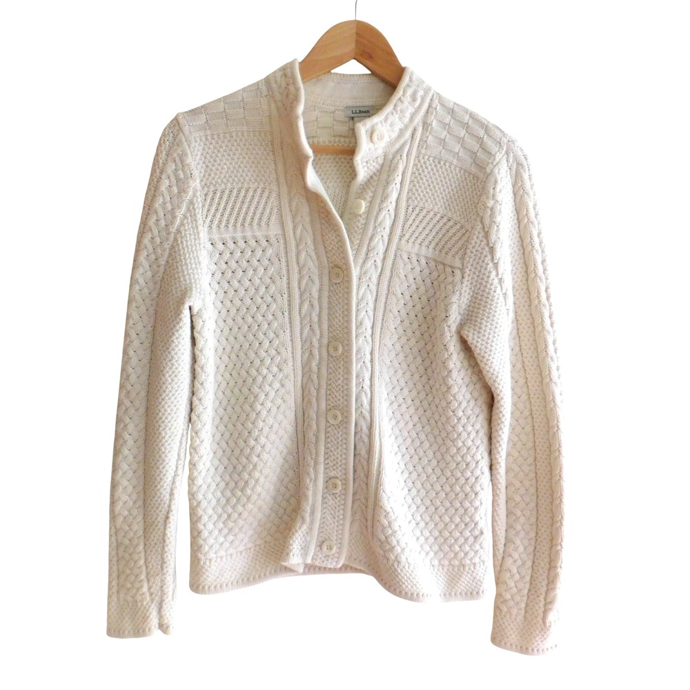 LL Bean Cardigan Womens M Ivory Button Up Sweater Basket Weave Knit Fisherman